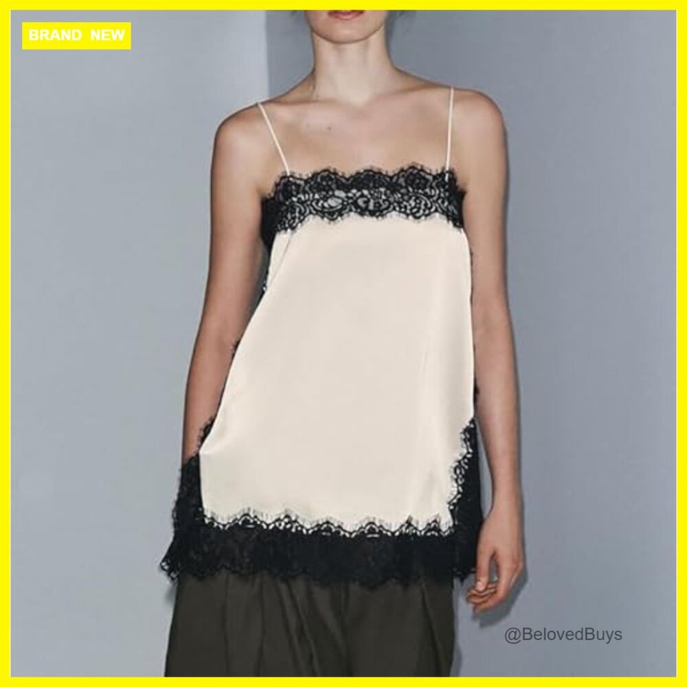 Satin Lace Patchwork Square Neck Spaghetti Strap … - image 4